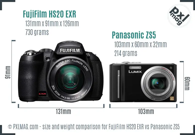 FujiFilm HS20 EXR vs Panasonic ZS5 size comparison