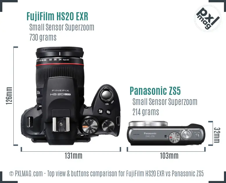 FujiFilm HS20 EXR vs Panasonic ZS5 top view buttons comparison