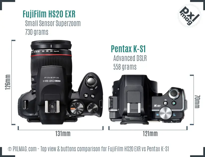 FujiFilm HS20 EXR vs Pentax K-S1 top view buttons comparison FujiFilm HS20 EXR vs Pentax K-S1 top view buttons comparison