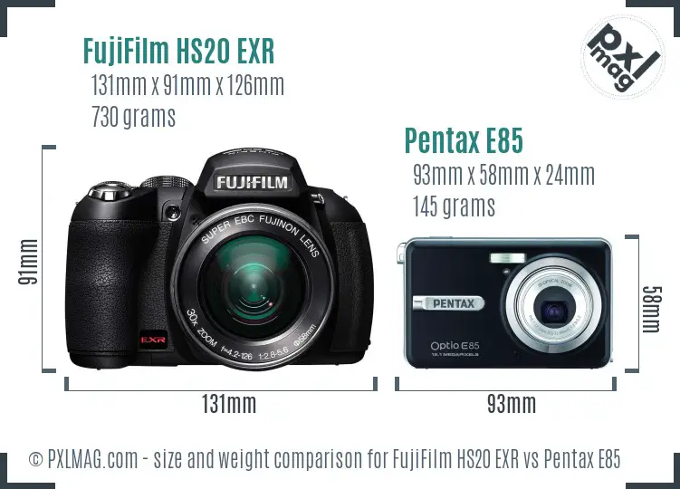 FujiFilm HS20 EXR vs Pentax E85 size comparison
