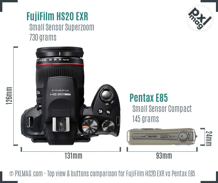 FujiFilm HS20 EXR vs Pentax E85 top view buttons comparison