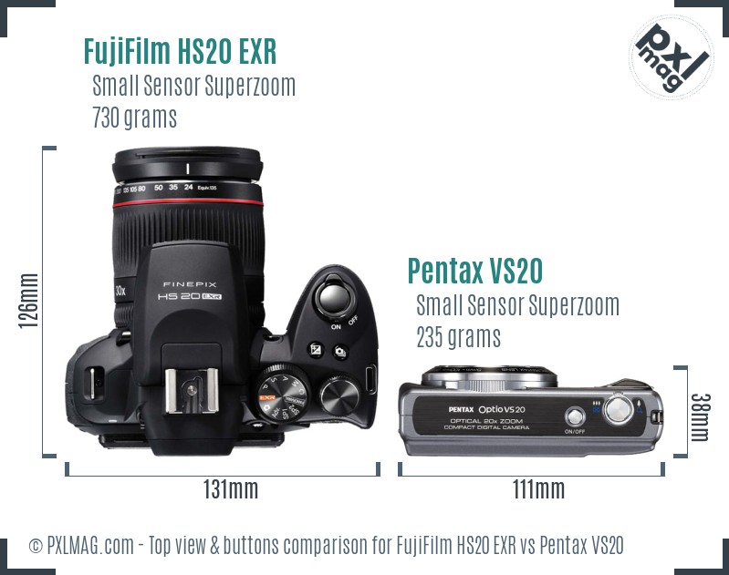 FujiFilm HS20 EXR vs Pentax VS20 top view buttons comparison