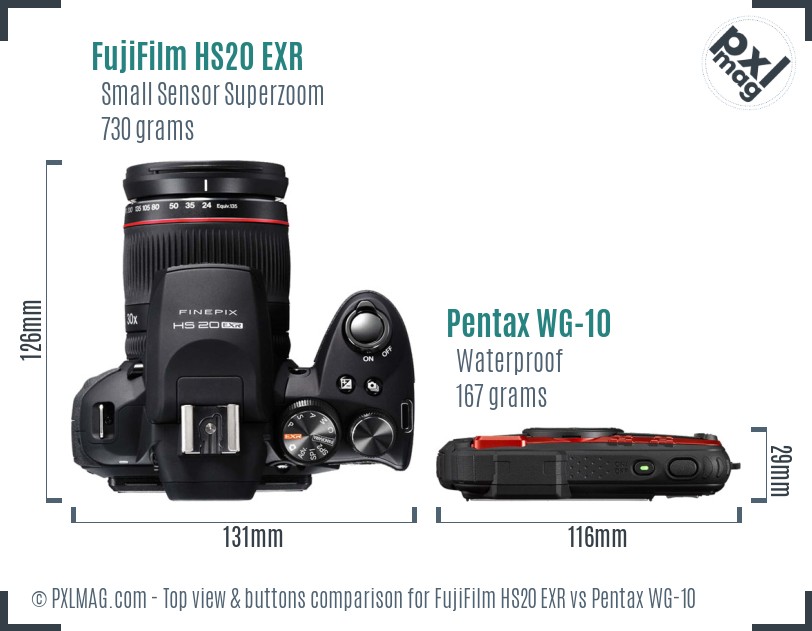 FujiFilm HS20 EXR vs Pentax WG-10 top view buttons comparison