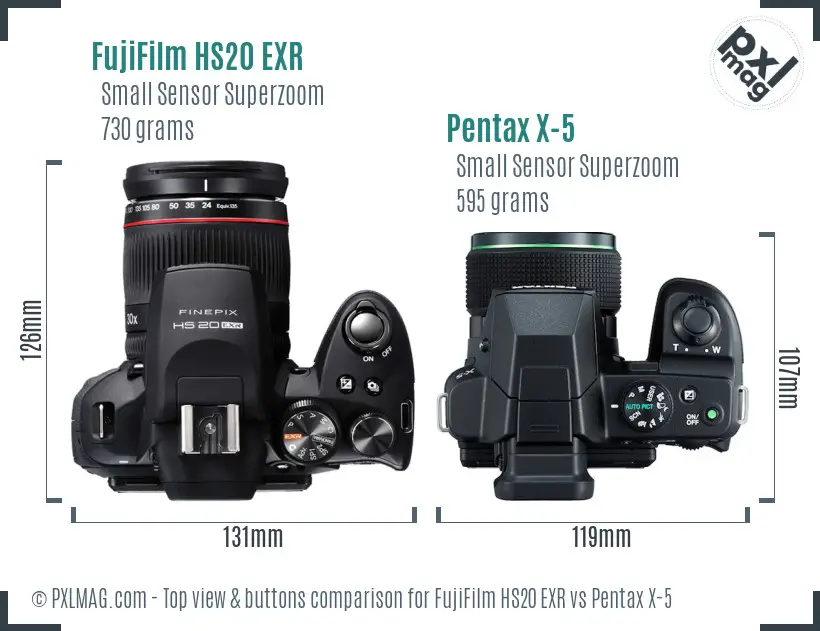 FujiFilm HS20 EXR vs Pentax X-5 top view buttons comparison