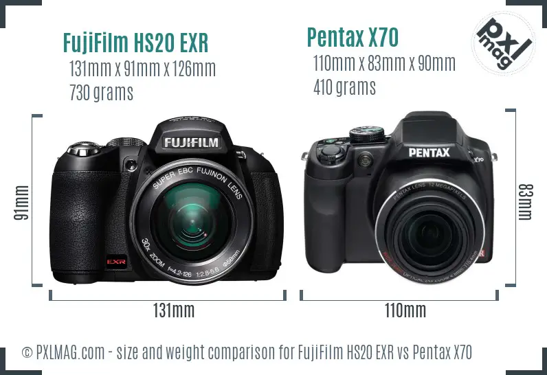 FujiFilm HS20 EXR vs Pentax X70 size comparison