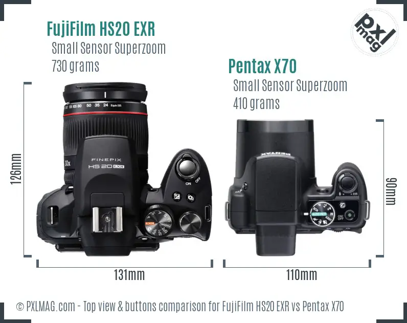 FujiFilm HS20 EXR vs Pentax X70 top view buttons comparison