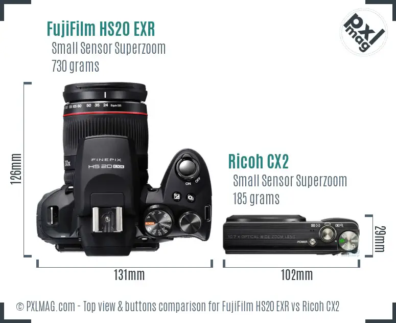 FujiFilm HS20 EXR vs Ricoh CX2 top view buttons comparison FujiFilm HS20 EXR vs Ricoh CX2 top view buttons comparison