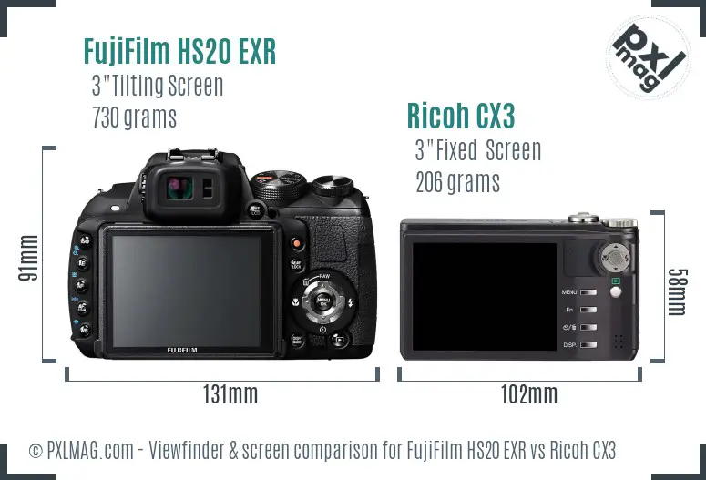 FujiFilm HS20 EXR vs Ricoh CX3 Screen and Viewfinder comparison