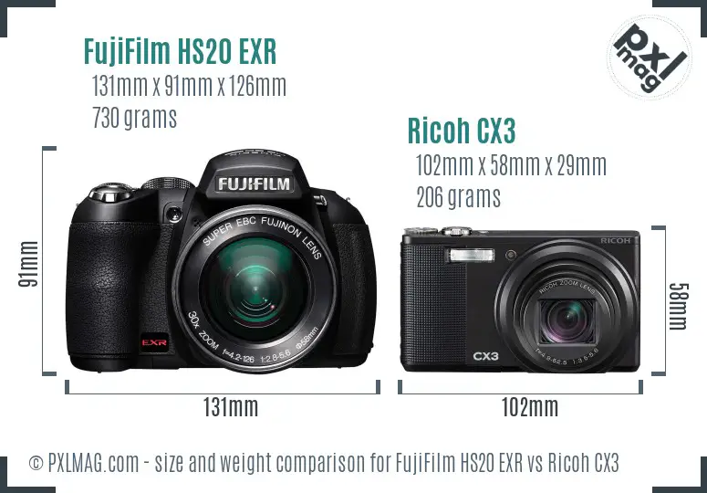 FujiFilm HS20 EXR vs Ricoh CX3 size comparison