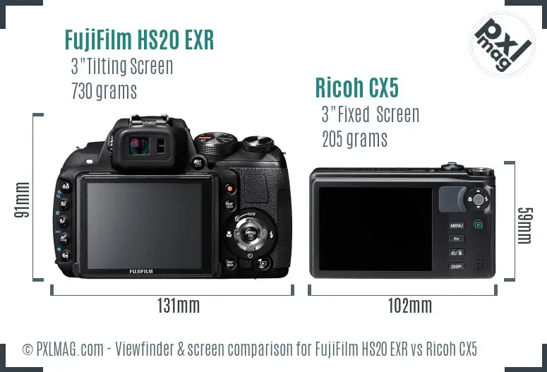FujiFilm HS20 EXR vs Ricoh CX5 Screen and Viewfinder comparison