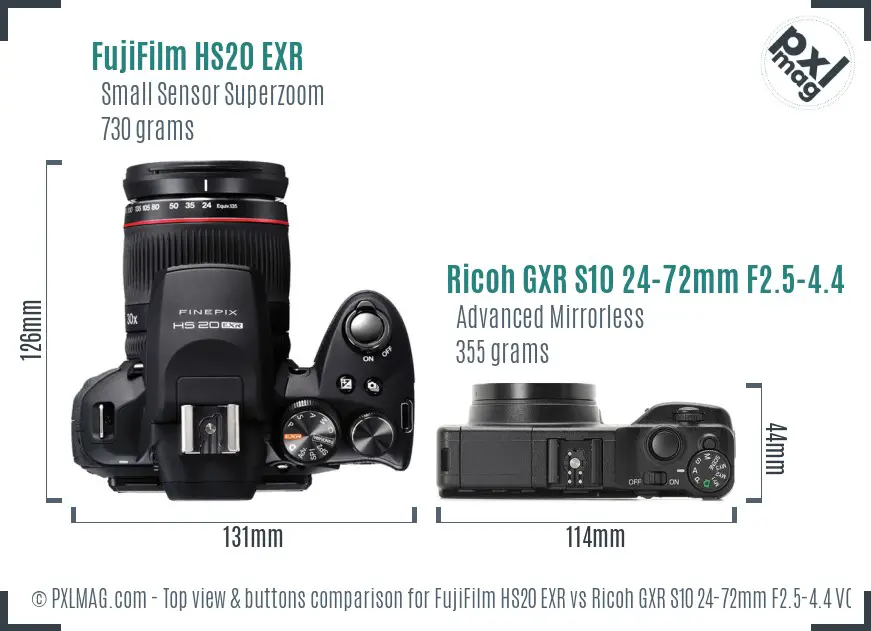 FujiFilm HS20 EXR vs Ricoh GXR S10 24-72mm F2.5-4.4 VC top view buttons comparison