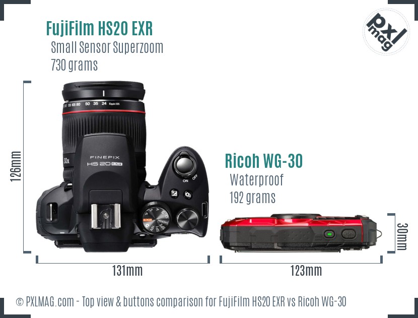 FujiFilm HS20 EXR vs Ricoh WG-30 top view buttons comparison