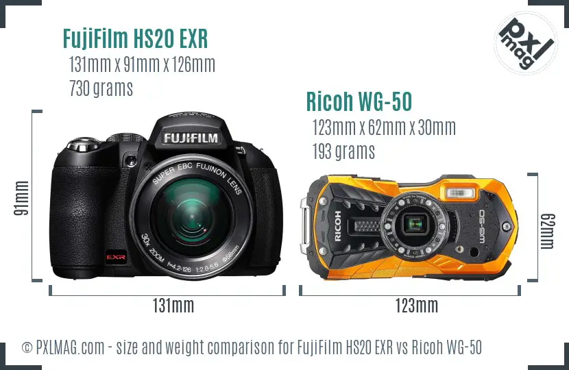 FujiFilm HS20 EXR vs Ricoh WG-50 size comparison