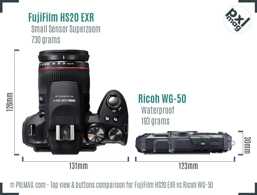 FujiFilm HS20 EXR vs Ricoh WG-50 top view buttons comparison