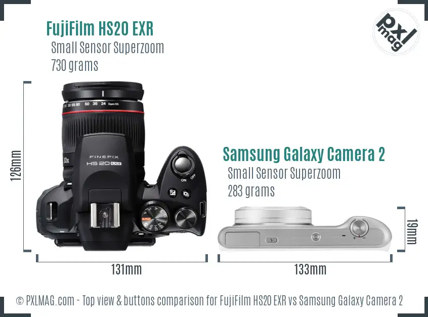FujiFilm HS20 EXR vs Samsung Galaxy Camera 2 top view buttons comparison FujiFilm HS20 EXR vs Samsung Galaxy Camera 2 top view buttons comparison