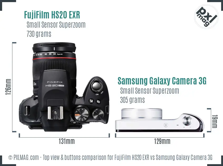 FujiFilm HS20 EXR vs Samsung Galaxy Camera 3G top view buttons comparison