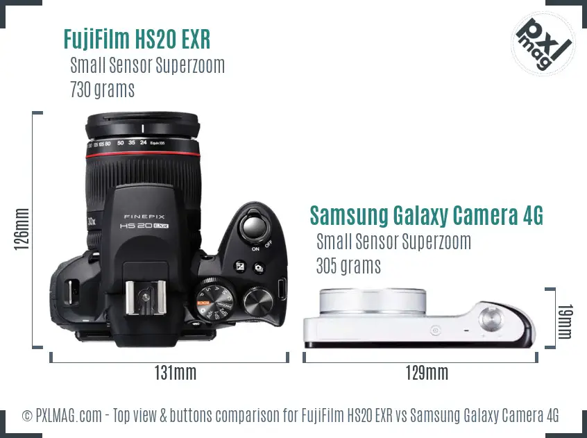 FujiFilm HS20 EXR vs Samsung Galaxy Camera 4G top view buttons comparison