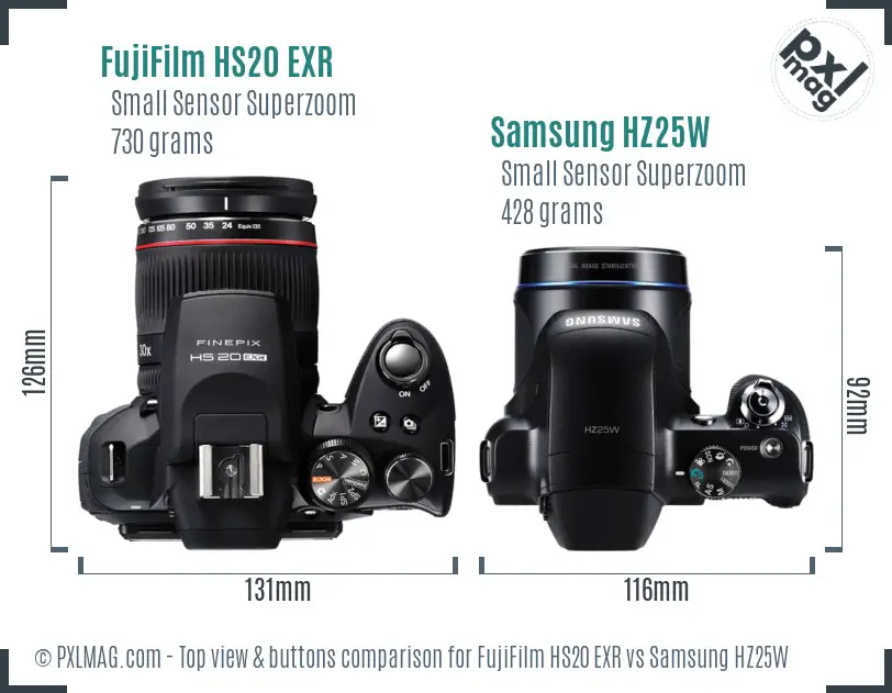 FujiFilm HS20 EXR vs Samsung HZ25W top view buttons comparison