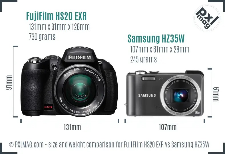 FujiFilm HS20 EXR vs Samsung HZ35W size comparison