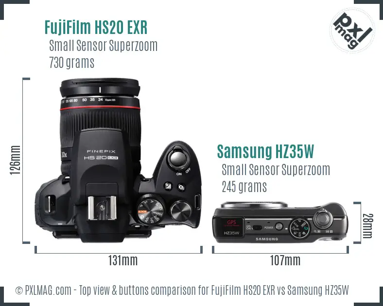 FujiFilm HS20 EXR vs Samsung HZ35W top view buttons comparison