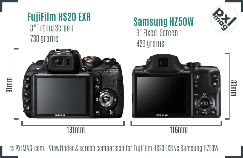 FujiFilm HS20 EXR vs Samsung HZ50W Screen and Viewfinder comparison