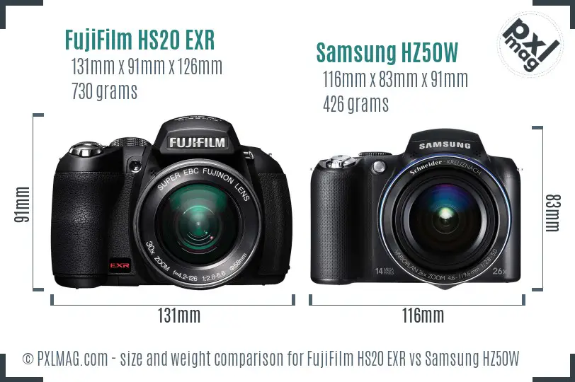 FujiFilm HS20 EXR vs Samsung HZ50W size comparison