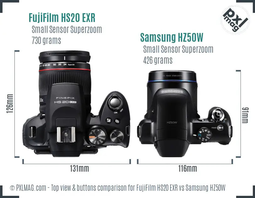 FujiFilm HS20 EXR vs Samsung HZ50W top view buttons comparison