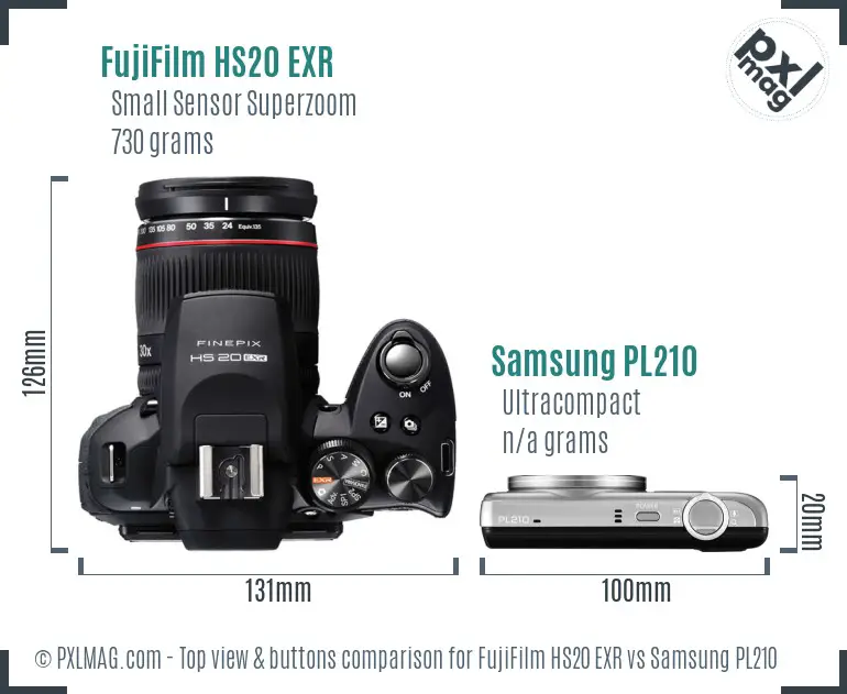 FujiFilm HS20 EXR vs Samsung PL210 top view buttons comparison FujiFilm HS20 EXR vs Samsung PL210 top view buttons comparison