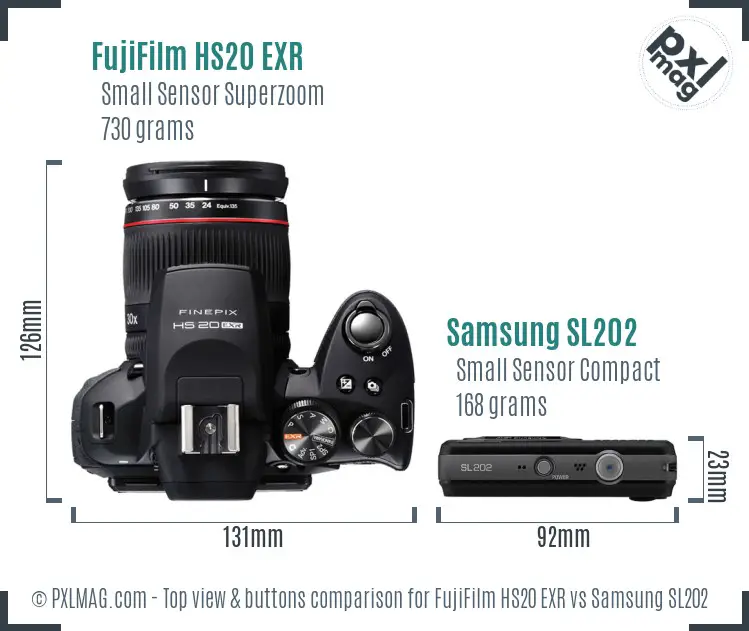 FujiFilm HS20 EXR vs Samsung SL202 top view buttons comparison FujiFilm HS20 EXR vs Samsung SL202 top view buttons comparison