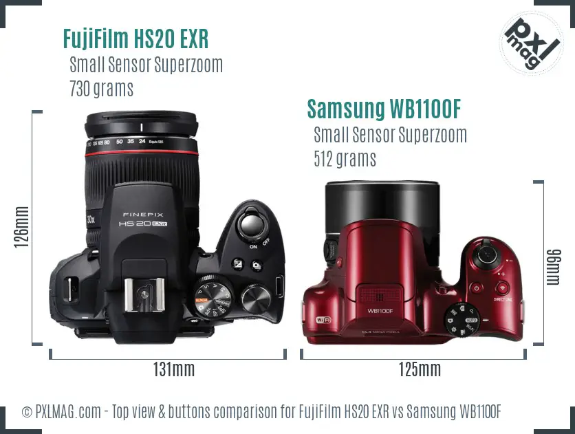 FujiFilm HS20 EXR vs Samsung WB1100F top view buttons comparison
