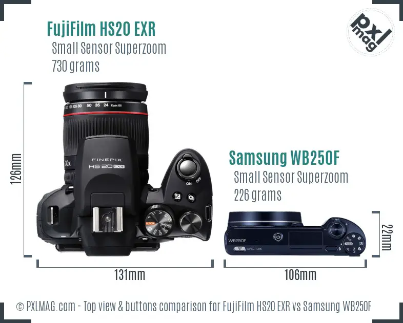 FujiFilm HS20 EXR vs Samsung WB250F top view buttons comparison