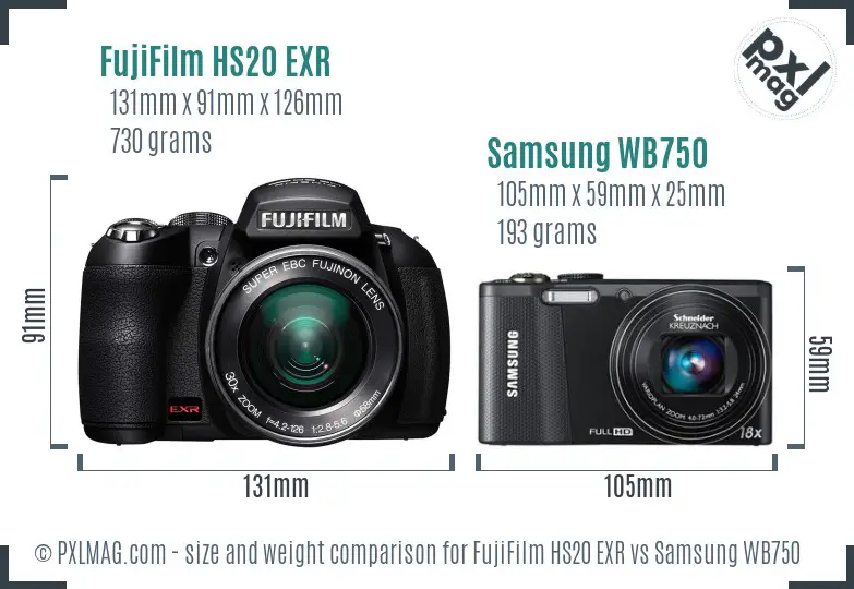 FujiFilm HS20 EXR vs Samsung WB750 size comparison