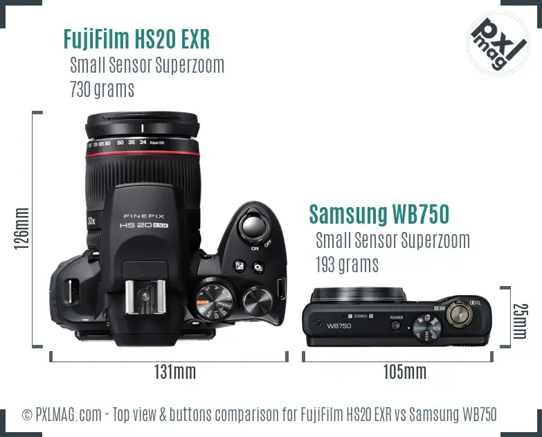 FujiFilm HS20 EXR vs Samsung WB750 top view buttons comparison