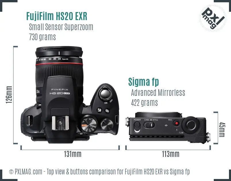 FujiFilm HS20 EXR vs Sigma fp top view buttons comparison FujiFilm HS20 EXR vs Sigma fp top view buttons comparison