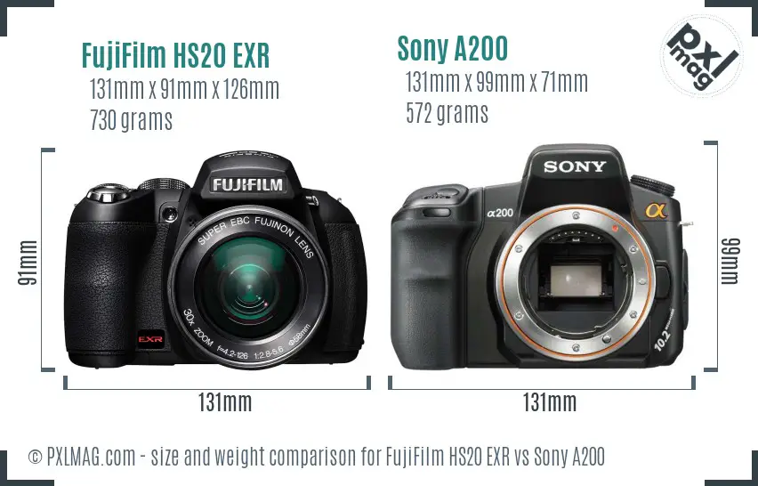 FujiFilm HS20 EXR vs Sony A200 size comparison