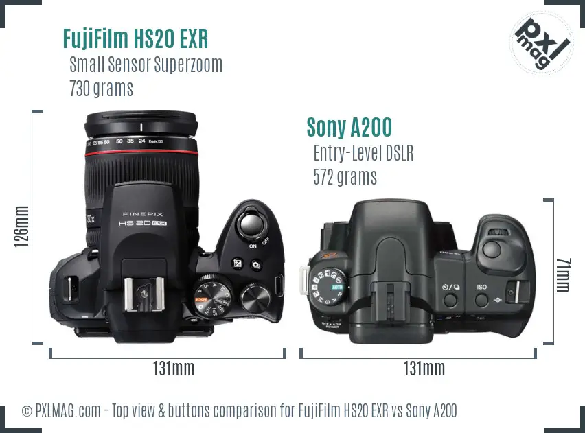 FujiFilm HS20 EXR vs Sony A200 top view buttons comparison