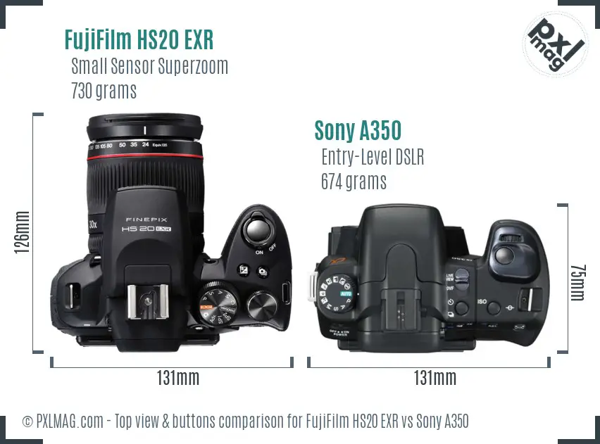FujiFilm HS20 EXR vs Sony A350 top view buttons comparison FujiFilm HS20 EXR vs Sony A350 top view buttons comparison