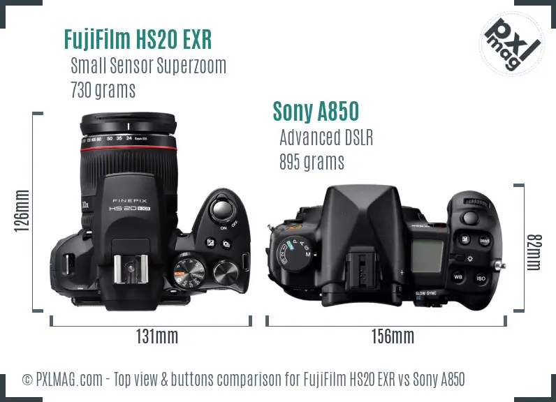 FujiFilm HS20 EXR vs Sony A850 top view buttons comparison FujiFilm HS20 EXR vs Sony A850 top view buttons comparison