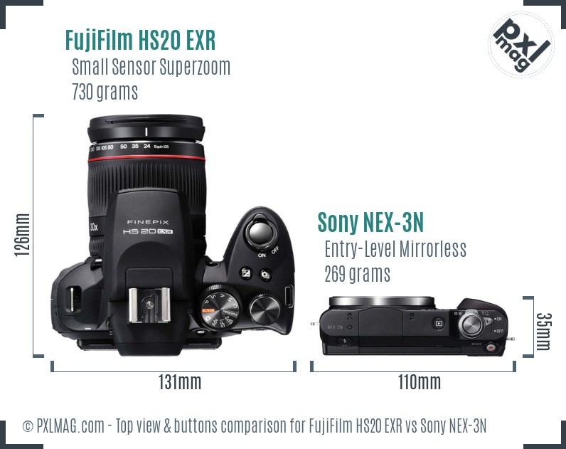 FujiFilm HS20 EXR vs Sony NEX-3N top view buttons comparison