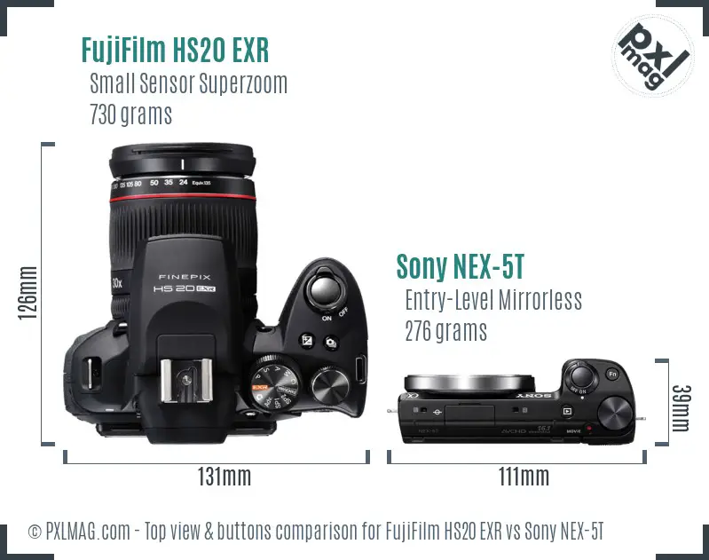 FujiFilm HS20 EXR vs Sony NEX-5T top view buttons comparison