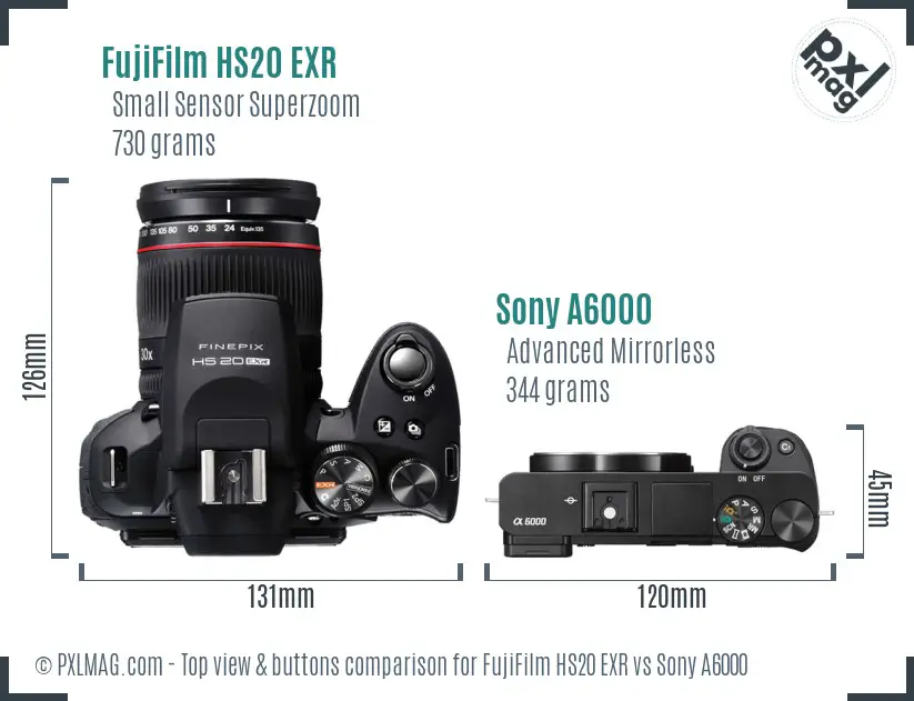 FujiFilm HS20 EXR vs Sony A6000 top view buttons comparison