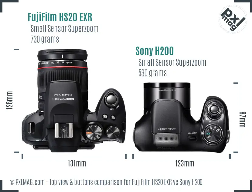 FujiFilm HS20 EXR vs Sony H200 top view buttons comparison