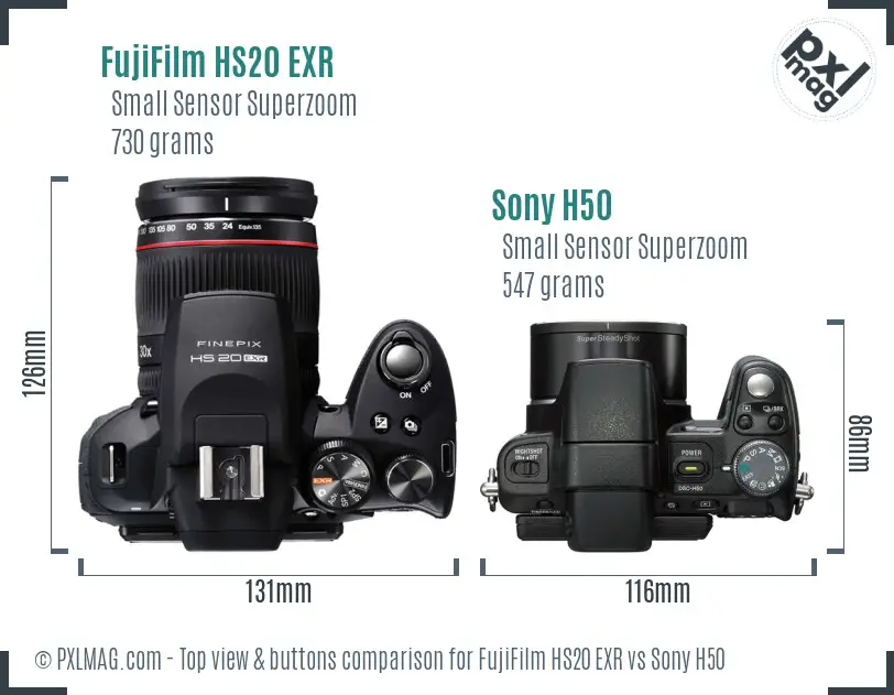 FujiFilm HS20 EXR vs Sony H50 top view buttons comparison