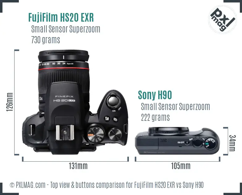 FujiFilm HS20 EXR vs Sony H90 top view buttons comparison