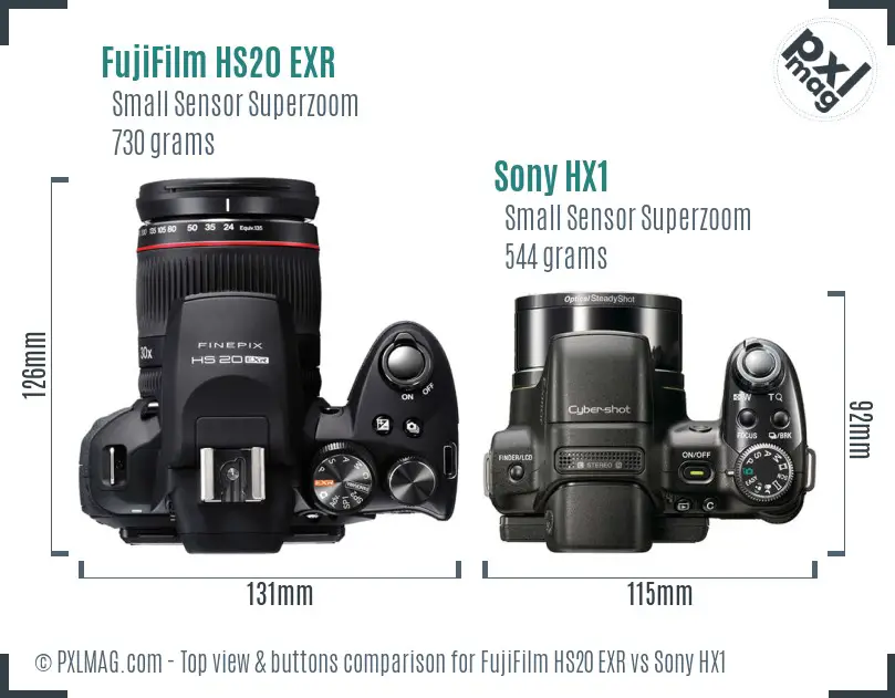 FujiFilm HS20 EXR vs Sony HX1 top view buttons comparison