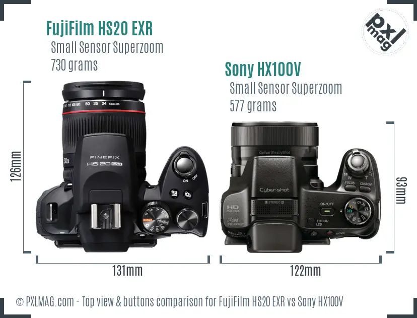 FujiFilm HS20 EXR vs Sony HX100V top view buttons comparison