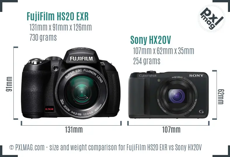 FujiFilm HS20 EXR vs Sony HX20V size comparison