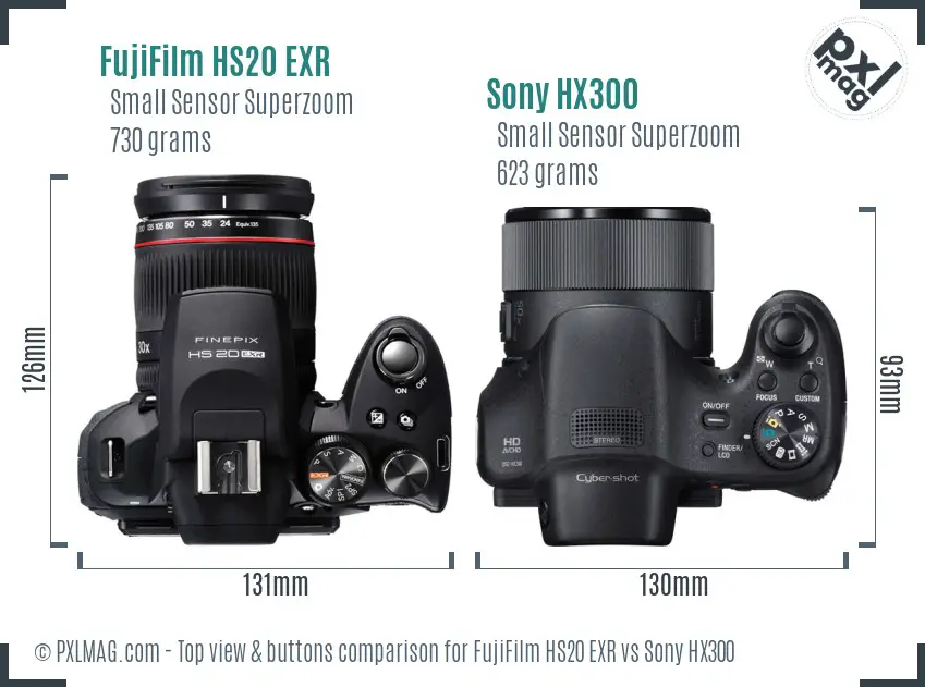 FujiFilm HS20 EXR vs Sony HX300 top view buttons comparison