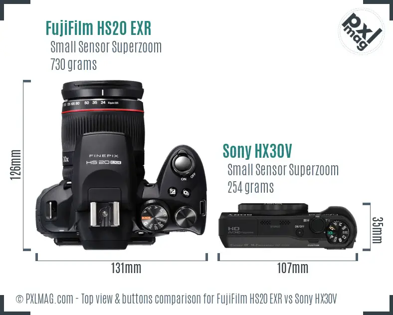 FujiFilm HS20 EXR vs Sony HX30V top view buttons comparison