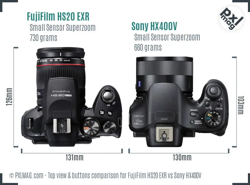 FujiFilm HS20 EXR vs Sony HX400V top view buttons comparison